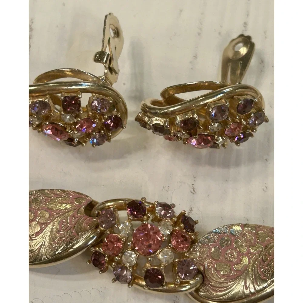 Vintage Rhinestone Enamel Bracelet Earrings Pink Purple Gold Floral Demi Parure‎